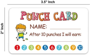 Detail view of 3.5 x 2 inch reward punch cards with dimensions and cartoon boy design