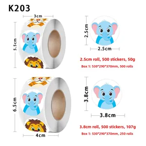 Size comparison chart for 2.5cm and 3.8cm animal cartoon roll stickers with 500 labels