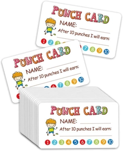 Close-up of 50 reward punch cards for kids featuring colorful 10-step progress tracking