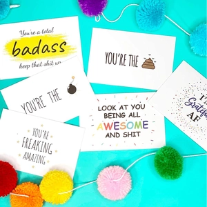 Set of 50 funny thank you cards with sarcastic affirmations and colorful pop art design