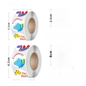 Close-up of dinosaur reward stickers with motivational words and size specifications