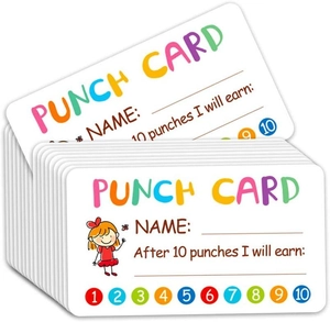Close-up of stacked colorful 10-punch reward cards for kids with cartoon girl design