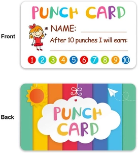 Detailed front and back view of colorful children reward cards with 10 punch-in points