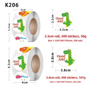 Detail of colorful dinosaur reward stickers on a roll with 'Good Job!' encouraging text
