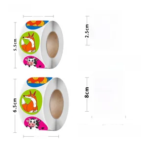 Comparison view of animal reward sticker rolls in 2.5cm and 3.8cm sizes with cartoon patterns