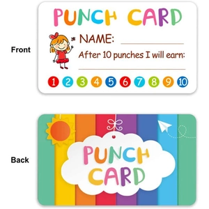 Double-sided colorful punch cards for kids reward system with 10 spots and name field