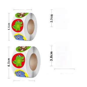 Detail showing 3.8cm cartoon animal stickers for kids with dimensions and roll weight