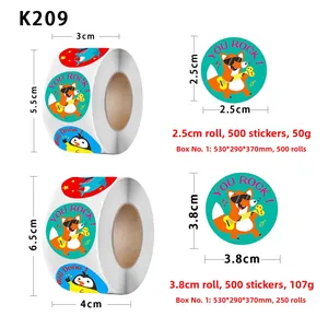 Detailed size chart for 2.5cm and 3.8cm animal reward stickers with cartoon designs