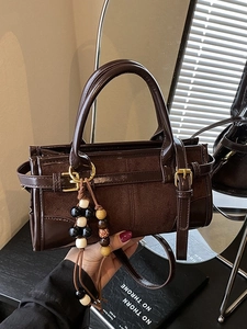 Retro chocolate brown crossbody baguette bag with decorative beads and glossy finish