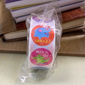 Roll of cartoon animal reward stickers with Great and Way to Go motivational text