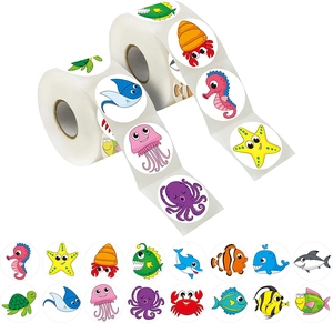Close-up of 16 different cartoon sea animal patterns on round roll sticker labels
