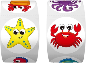 Close-up of ocean animal roll stickers featuring starfish and crab for kids gifts