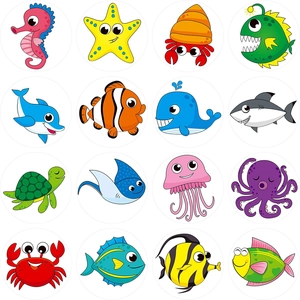 Detailed grid view of 16 cute ocean animal cartoon stickers for kids gift decoration