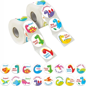 500-count dinosaur reward sticker roll for kids with colorful cartoon patterns