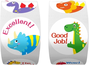 Close-up of dinosaur reward stickers on a roll with colorful cartoon animal designs