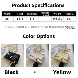 Detailed size specifications and color options for quilted crossbody chain bags