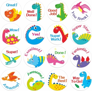 Detail of 16 cartoon dinosaur reward stickers with motivational English phrases for kids