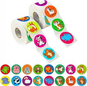 Roll of 3.8cm round animal stickers featuring 16 colorful cartoon designs for kids