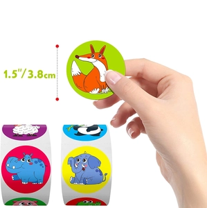 Detail showing 1.5 inch cartoon animal stickers with precise measurement for kids