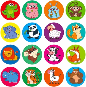 Close-up of 16 different cartoon animal stickers with vibrant colors and cute designs