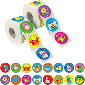 Two rolls of 1.5-inch animal reward stickers with colorful cartoon patterns for kids