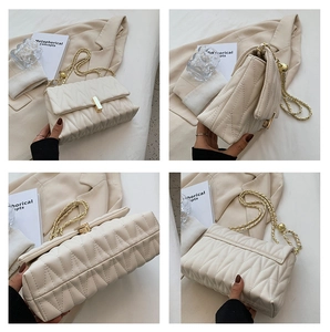Detailed four-angle view of cream quilted shoulder bag with gold chain and metal clasp