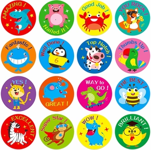 Close-up of 16 round stickers featuring cute cartoon animals and English motivational words