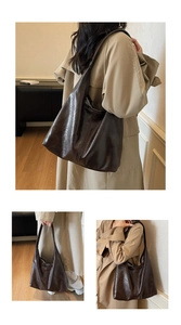 Three-way view of large dark brown PU leather tote bag with vintage texture and strap
