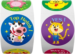 Macro detail of colorful cartoon animal reward stickers with encouraging English phrases