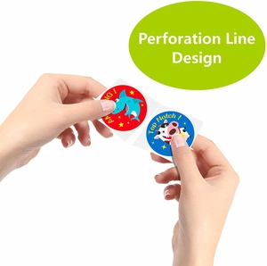 Detail showing easy-to-tear perforation line for animal cartoon sticker labels