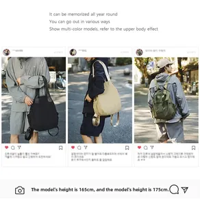 Detailed views of versatile nylon backpacks in black, beige, and green for city commuting