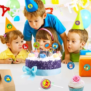 Children's animal reward stickers used on party hats and gift boxes in a birthday setting