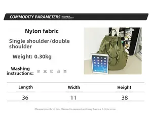 Army green waterproof nylon backpack showing size scale next to a tablet and strap details