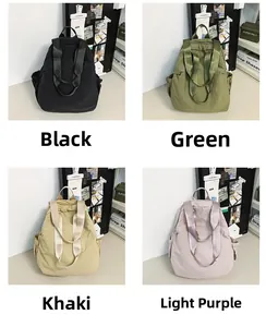 Collage of nylon drawstring backpacks in black, green, khaki, and light purple shades