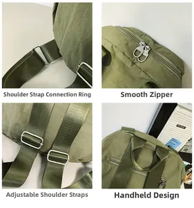 Detail view of olive nylon backpack showing smooth zippers and metal buckles