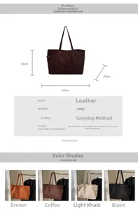 Size chart for suede tote bag with dimensions 47x30x15cm and four color options