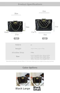 Detailed size guide for black quilted tote bags in large and small sizes with PU material