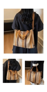 Detailed view of a striped canvas tote bag shown in handheld and crossbody styles