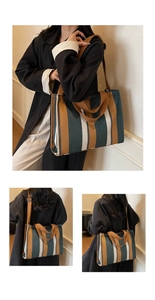 Detail of striped canvas tote bag showing large capacity design and dual shoulder straps