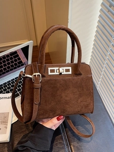 Vintage Suede Shoulder Bag For Women Fashion Small Square Handbag With Lock Closure Adjustable Strap Crossbody Tote Bag