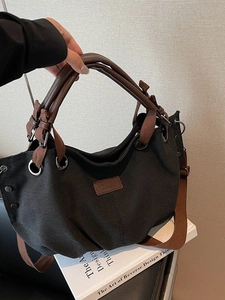 Vintage Canvas Tote Bag Large Capacity Women Shoulder Bag Minimalist Commuting Handbag With Pu Leather Handle Rivet Decor