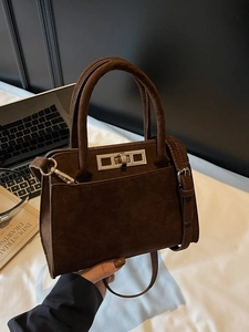 Vintage coffee brown frosted suede handbag with gold metal clasp and dual handles