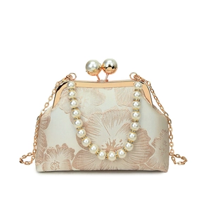 Vintage floral shell bag with pearl handle and metal chain strap for women