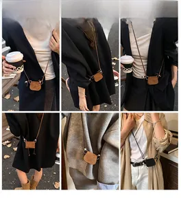 Collage of model wearing a vintage brown suede mini crossbody bag in daily life scenes