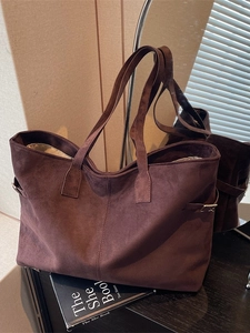 Retro large capacity dark brown suede tote bag with stylish metallic buckles