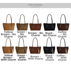 Matrix showing vintage tote bags in five colors with and without decorative pendants