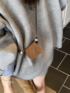 Mini brown suede crossbody coin purse with stylish beaded lanyard for daily commuting style