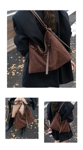 Three lifestyle shots of a large coffee-brown suede tote bag in an autumn street setting