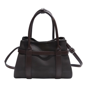 Minimalist large capacity dark brown canvas tote bag with leather straps and shoulder belt