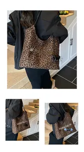 Detailed view of the leopard print tote bag showing texture, large capacity and slim strap